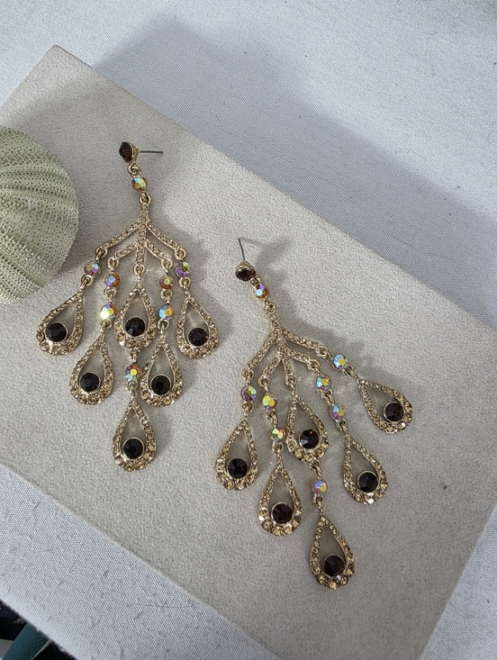 Jewelry - Gold AB Crystal Black Stone Chandelier Statement Earrings